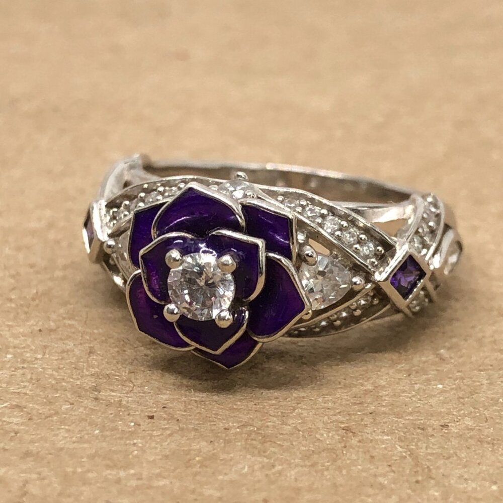 Vancaro Sterling Silver 925 CZ Nature Purple Rose Engagement Ring